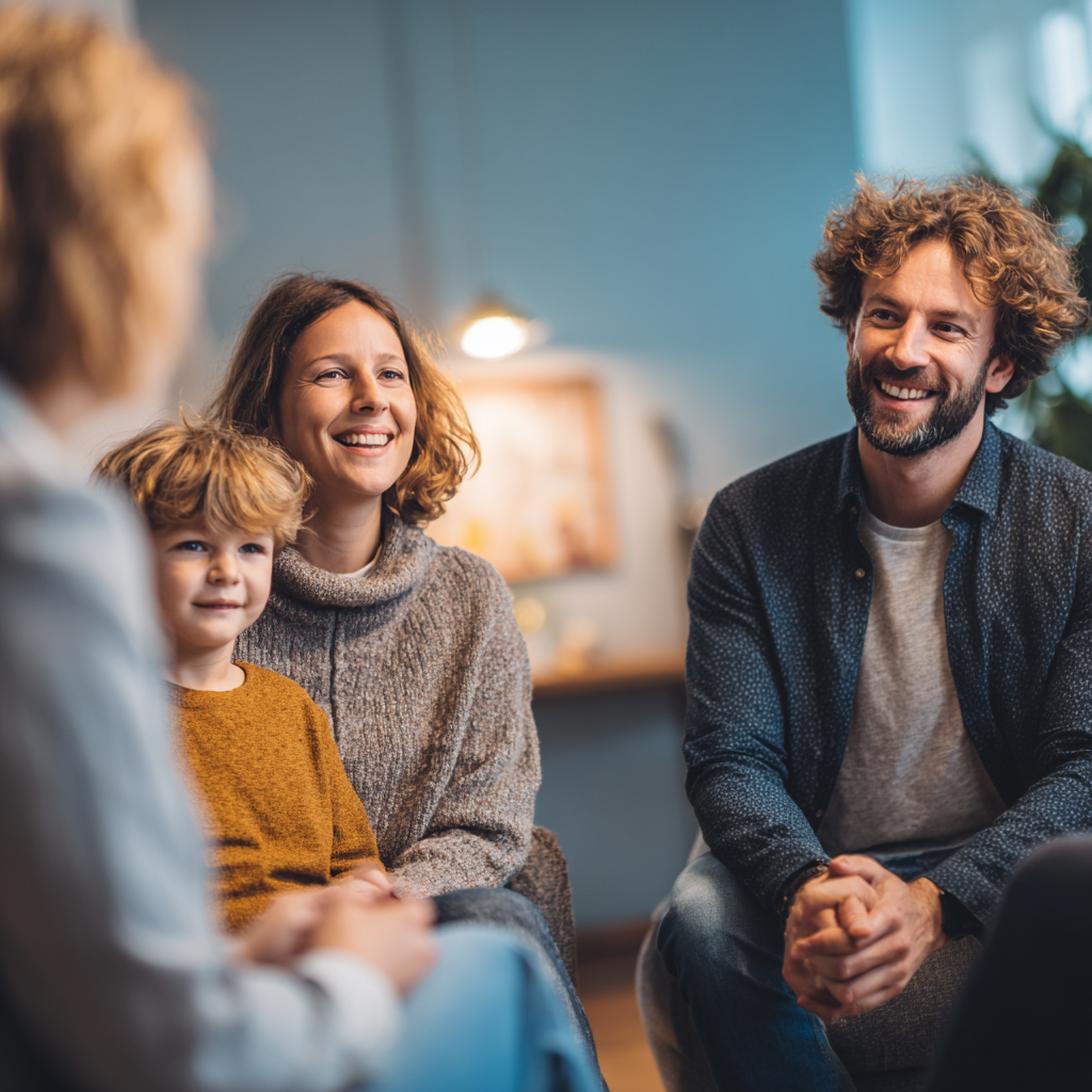 親子が専門家と笑顔で相談している様子